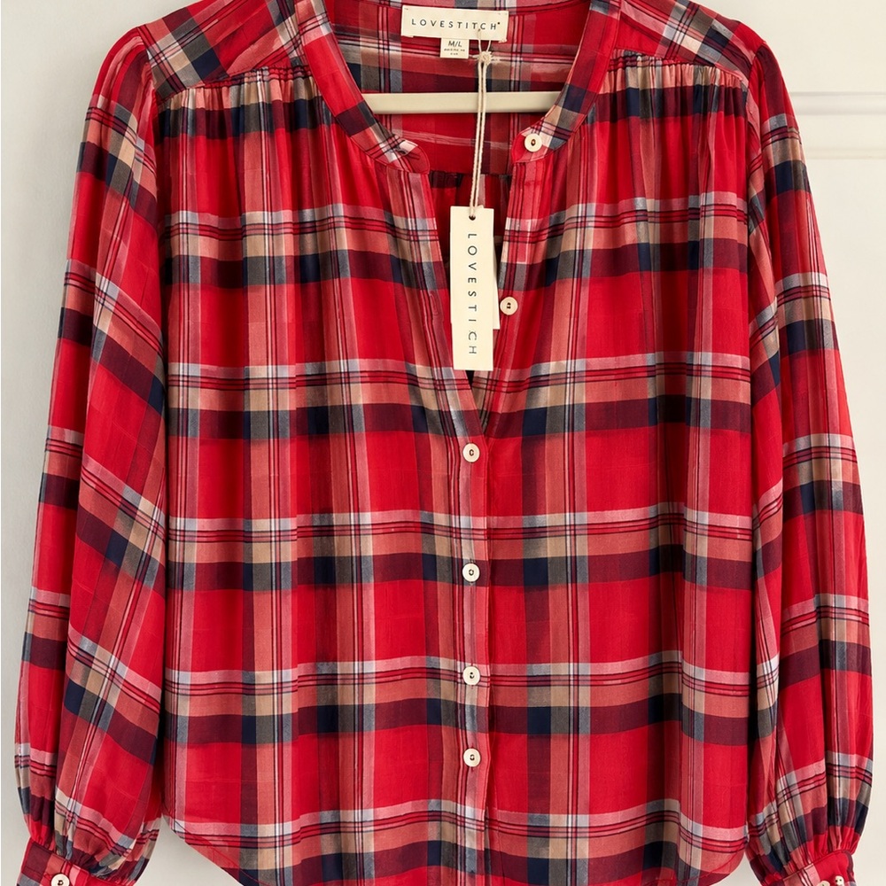 lovestitch Red Plaid Button-Front Women’s Blouse